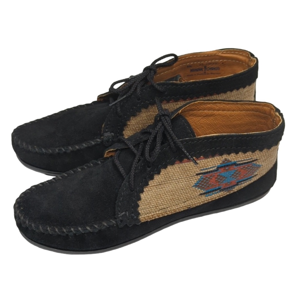 MINNETONKA Black and Tan Chukka Booties with Suede Finish and Native design.